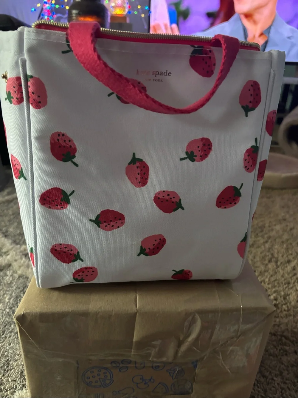 kate spade White Strawberry Print Mini Tote with Pink Handles